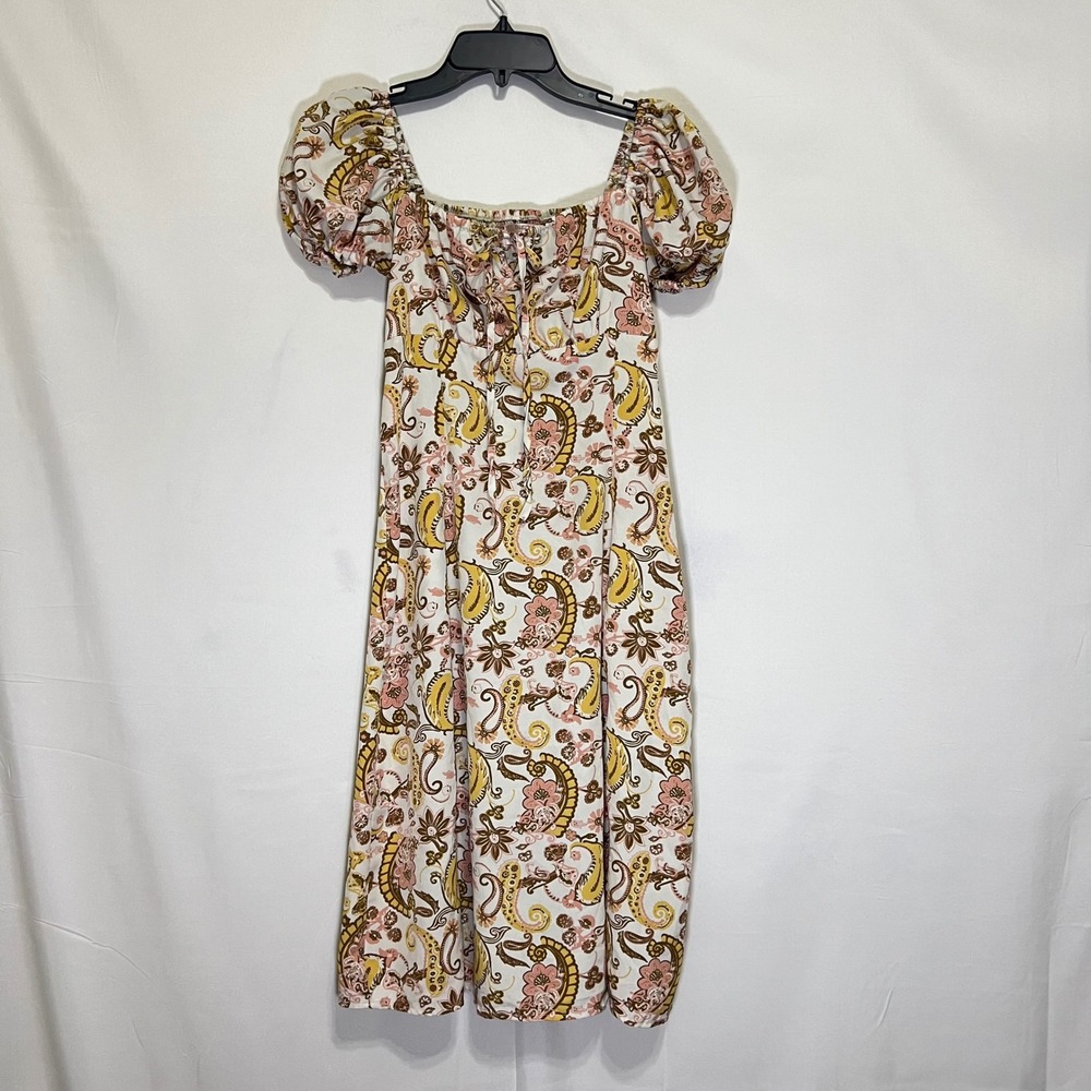 Dizzy Lizzy Paisley Midi Dress L Milkmaid Puff Sleeve Boho Whimsical Peasant